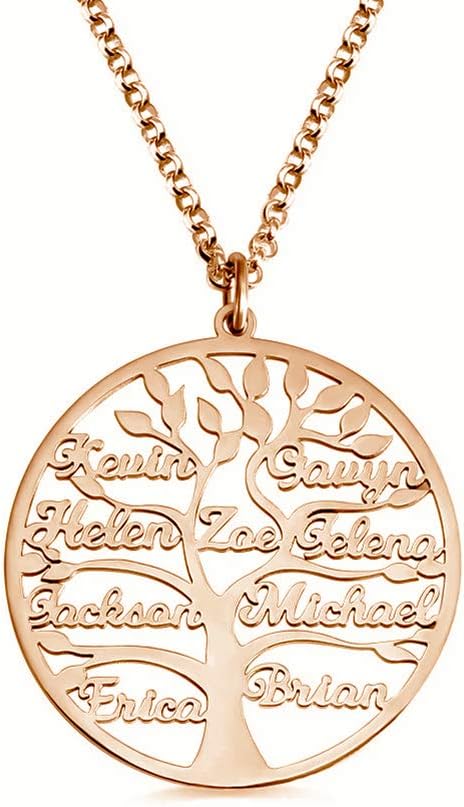 PRSTENLY Personalized Name Tree of Life Necklace with Custom Name Genealogy Necklace, Engraved with Family and Friends Names on The Tree Necklace (Rose Gold)