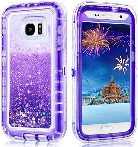 WOLLONY Galaxy S7 Case, 360 Full Body Shockproof Liquid Glitter Quicksand Bling Case Heavy Duty Phone Bumper Soft Non-Slip Clear Rubber Protective Cover for Samsung Galaxy S7(Purple)