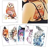 6 Sheets Watercolor Animal Temporary Tattoo Sticker Colored Drawing Body Makeup Decal
