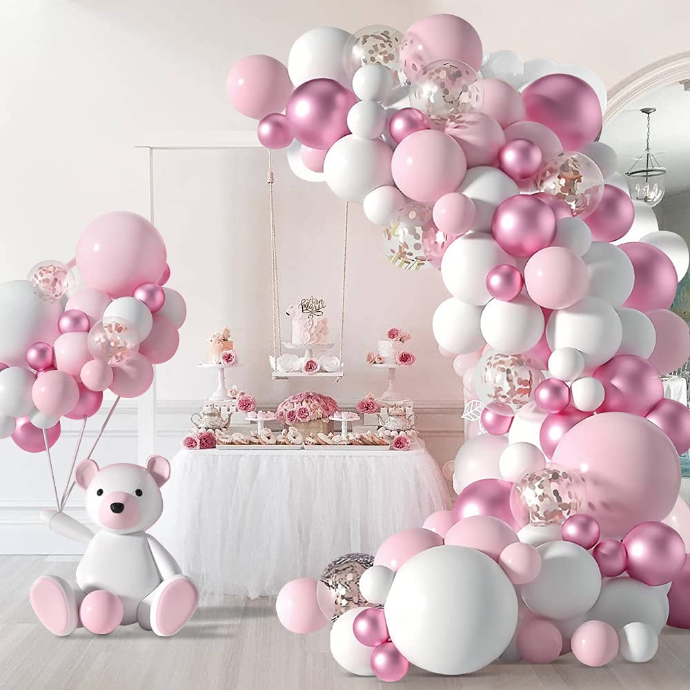 Jstzdq 135 Pcs Pink Balloon Garland Arch Kit, Pink White Latex Balloons Arch Kit, Party Balloons Decor for Wedding Birthday Anniversary Festival Party Decor
