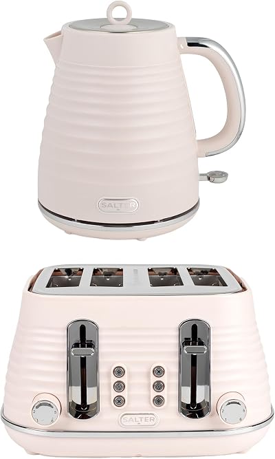 Salter Ripple Pink Toaster & Kettle Set 4-Slice 1630W 6 Browning Levels
