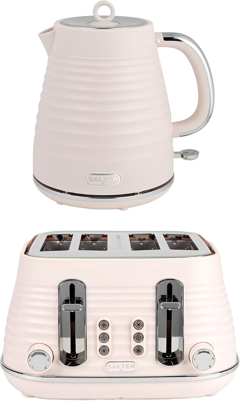 Salter Ripple Pink Toaster & Kettle Set 4-Slice 1630W 6 Browning Levels