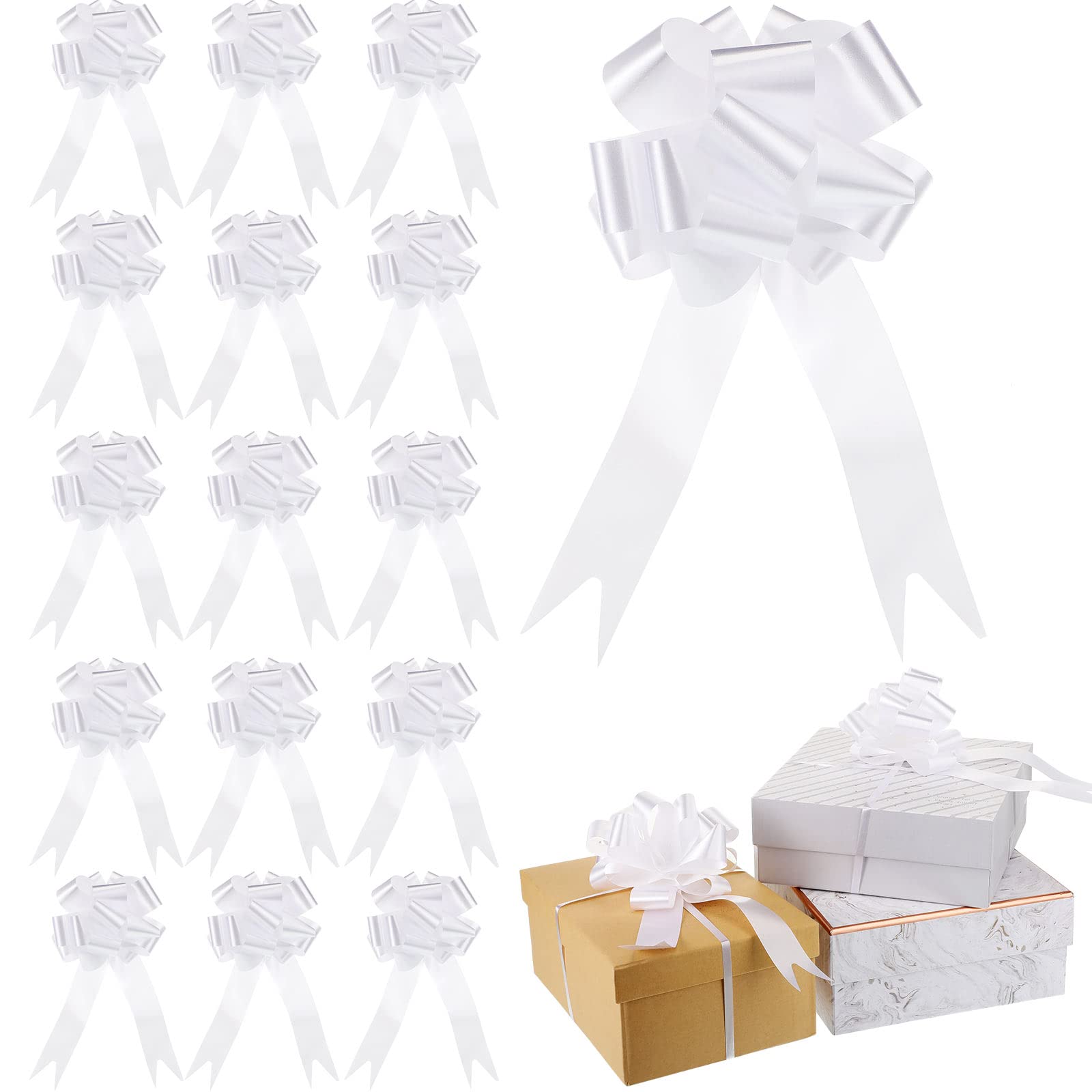 Photo 1 of 100 Pcs 5 Inch Christmas Pull Bows for Gift Wrapping, Gift Wrapping Pull Bows with Ribbon for Christmas Presents Wedding Decor Basket Bag Holiday Decor(White)