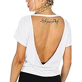 icyzone Open Back Workout T-Shirts for Women - Strappy Athletic Short-Sleeve Tees, Backless Yoga Tops, Gym Shirts