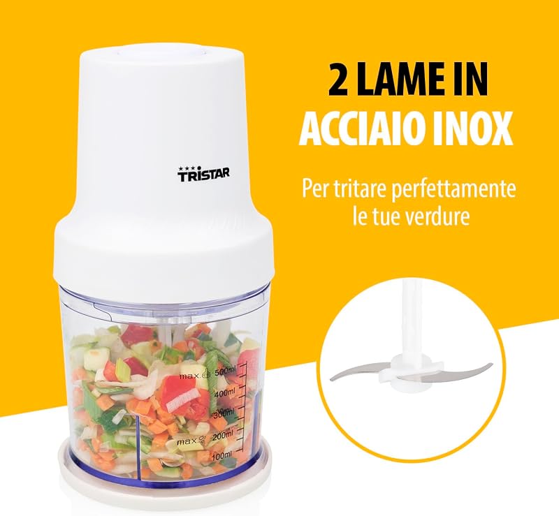 Tritatutto in Acciaio Inox, Motore 400W, 2 Velocità con Turbo, 2 Lame in Acciaio, Ciotola 0.5L, Design Compatto, Parti Lavabili in Lavastoviglie, BL-4023