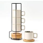 LUKA Porcelain Stackable Espresso Cups with Saucers and Metal Stand, 4 Ounce Small Ceramic Demitasse Cups Set for Latte, Specialty Coffee Drinks, Cafe Mocha,Tea - Set of 4, White Green Interior