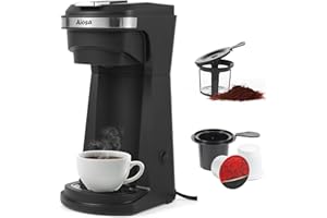 Aiosa 2 in 1 Single Serve Kcup Coffee Maker (6-14Oz), 800W Fast Brew, Compact Design with Reusable Filter, One-Button Auto Shut-Off, Travel Mug Fit, Compatible with K-Cup/Ground Coffee/Tea, Black