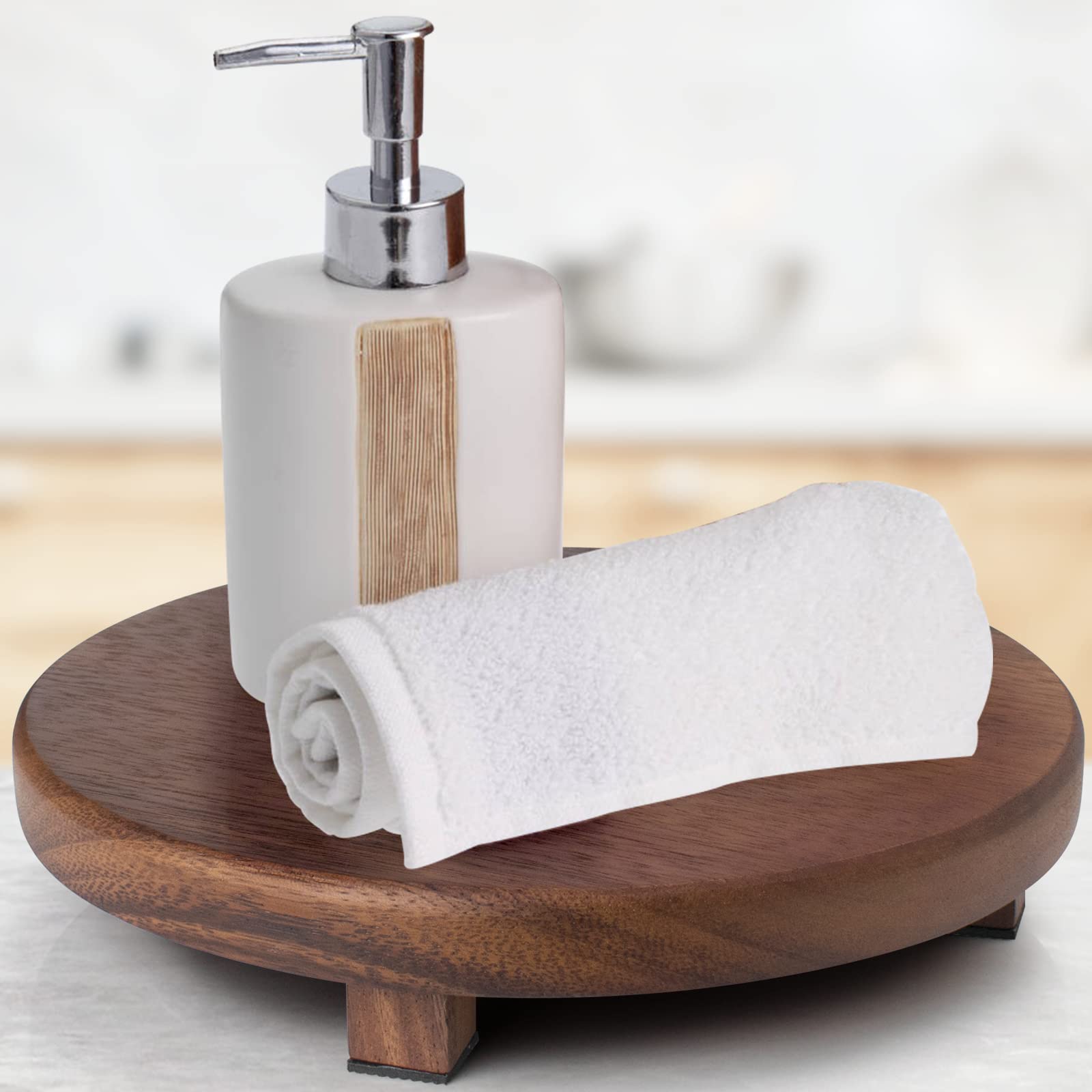 Photo 1 of kulusion Walnut Wood Pedestal Stand, 9.06" Round Wood Riser for Kitchen Counter, Farmhouse Soap Tray Wooden Display Riser for Decor, Plant, Bottle, Cake Stand