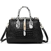 Genuine Leather Crocodile Print Handbag - Large Capacity, Detachable Strap, Color-blocked, Women's Cross-body Tote