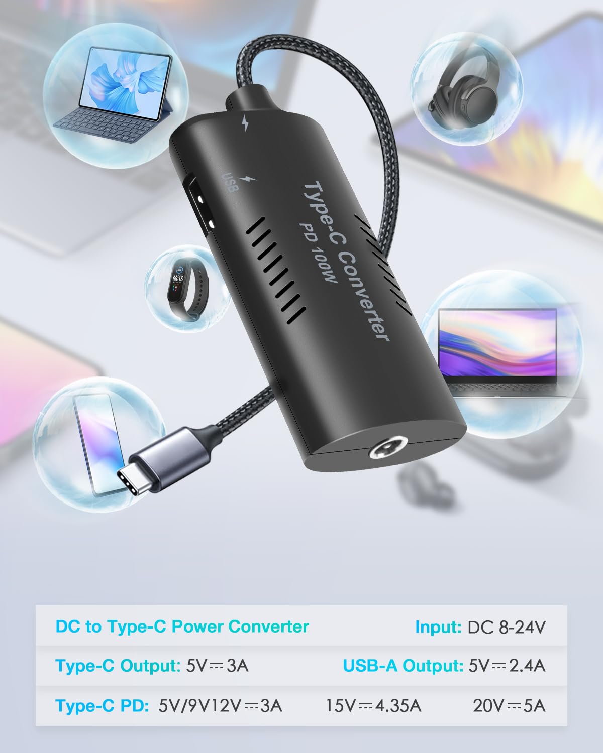 SHNITPWR 100W PD Type C to USB C Adapter, 5V-20V Input to 100W Output, Converts Regular Power Supplies into Fast Chargers