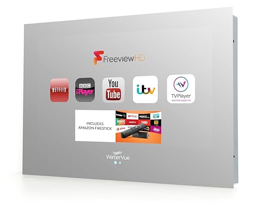 Wasserdichter Badezimmer-Fernseher von Watervue, 19-Zoll, mit stylischer Spiegel-Front, kompatibel mit Online-TV, Amazon Fire