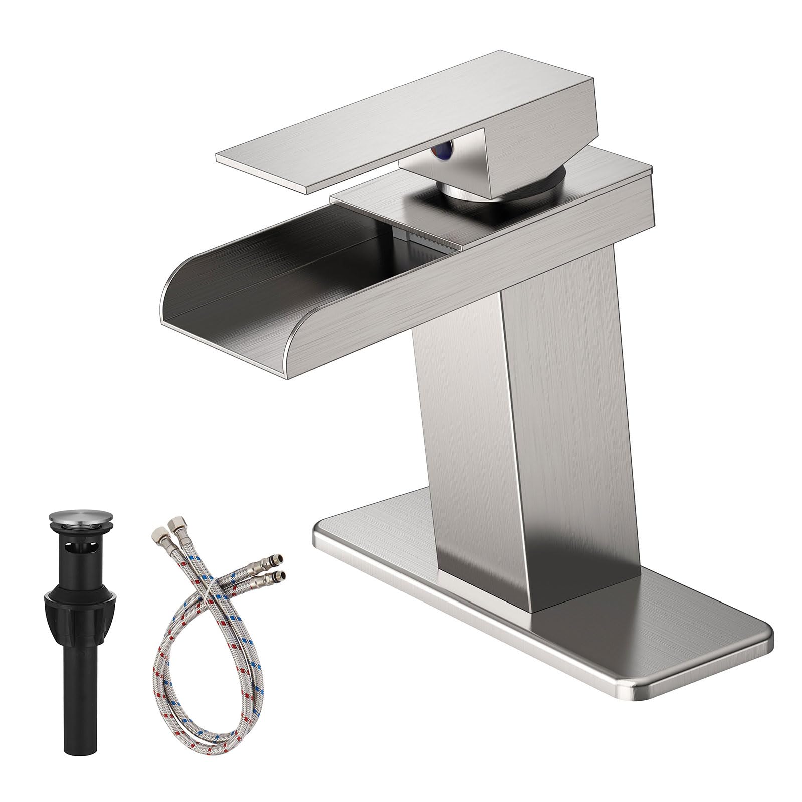 BATHLAVISH Waterfall Bathroom Sink Faucet, Brushed Nickel Single Hole Bathroom Faucet, Modern Single Handle Vanity Lavatory with Pop Up Drain Parts with Overflow Mixer Tap Commercial