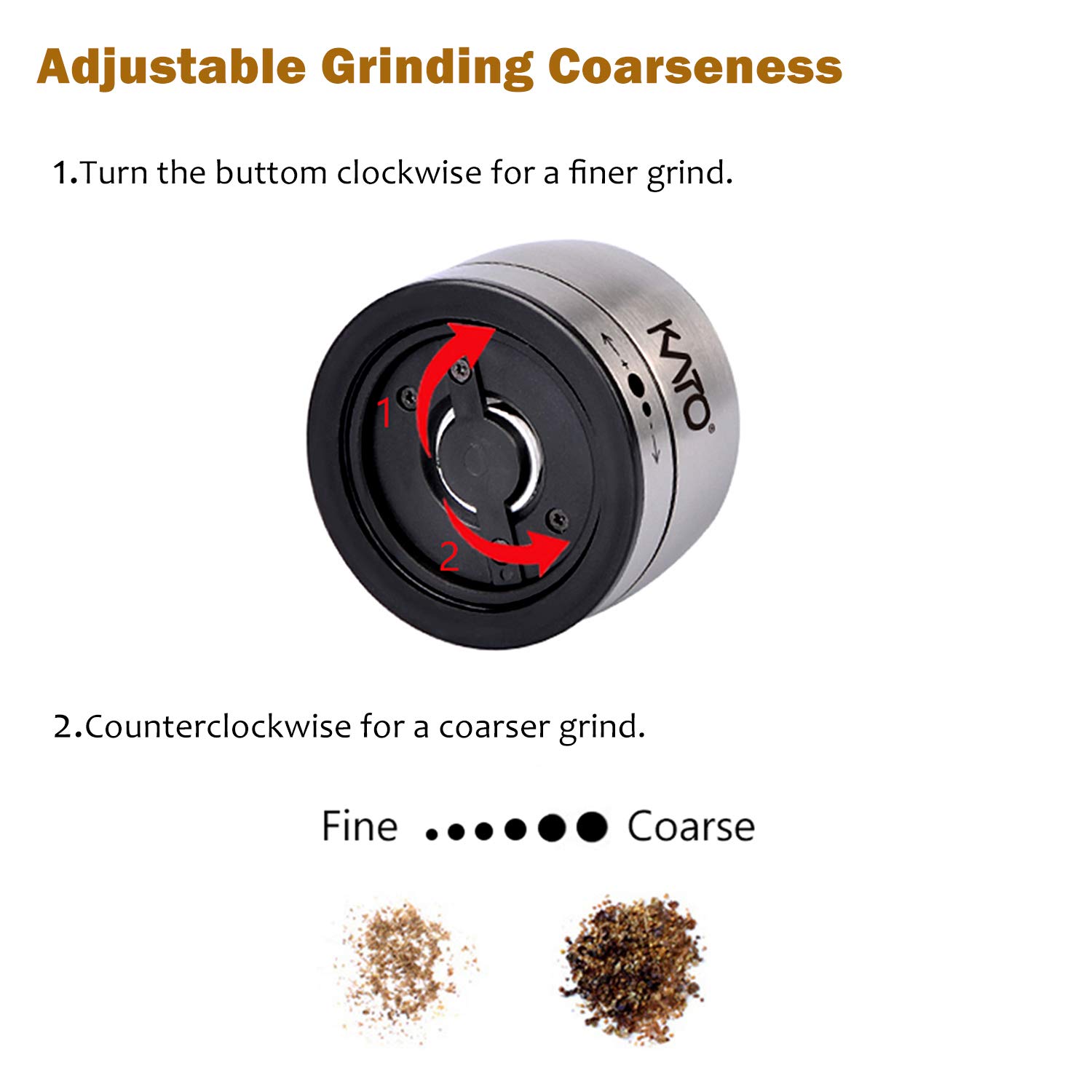 Kato Manual Stainless Steel Salt and Pepper Grinder Set, Best Ceramic Refillable Pepper Mills for Himalayan Salt, Pepper and Other Spices, 2 Pack