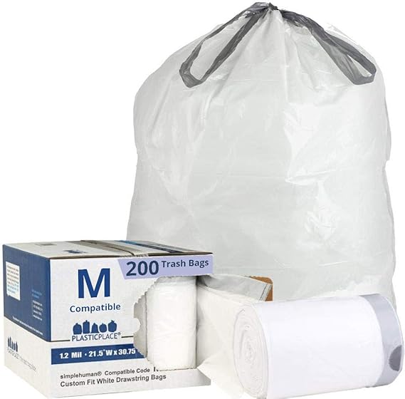 Plasticplace Trash Bags simplehuman (x) Code M Compatible (200 Count)│White Drawstring Garbage