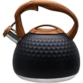 GGC Whistling Tea Kettle for Stove Top, 3.2QT/3L Stainless Steel Tea Kettle | Black Tea Pot with Wood Pattern Handle, Unique Button Control Kettle Outlet, for Boiling Water Coffee or Milk