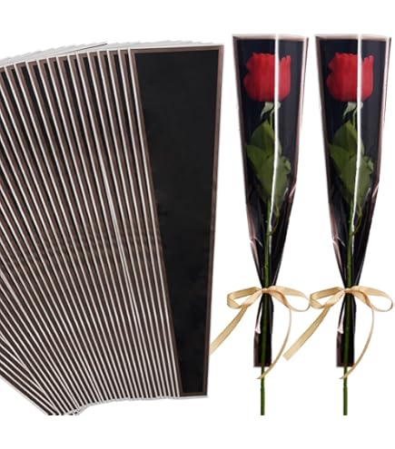 Gloreyan 100pcs Single Flower Sleeves - Black Rose Wrapping Bags With Golden Edge, 17.7x4.92 Inches