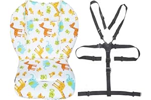 Twoworld Baby High Chair Seat Cushion Liner Mat Pad Cover and High Chair Straps (5 Point Harness) 1 Suit (Animal)