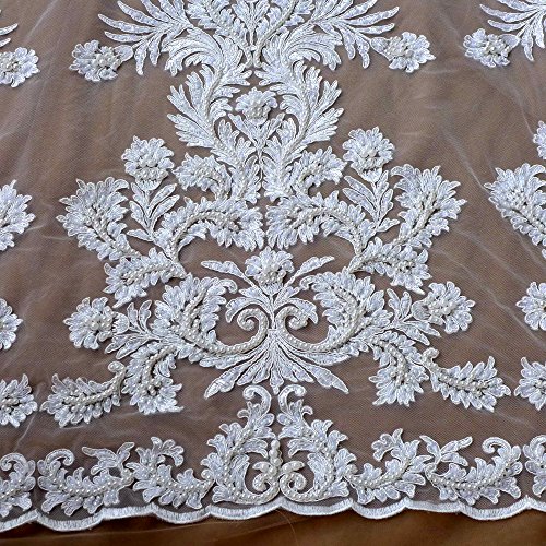 Off white large pattern cord lace fabric super heavy handmade beading wedding dress lace fabric 51' width 1 yard - Thumbnail 3