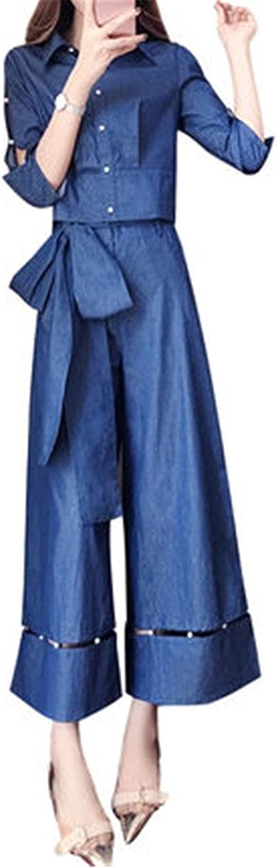 Amazon スウェットレディース 上下 セットアップ 新しい 折襟 デニム パンツスーツレディースセットアップ ファッション カジュアルオーバーオール 長袖 ジーンズ カバーオール フィットネス トレーニング スウェット パーカー 通販