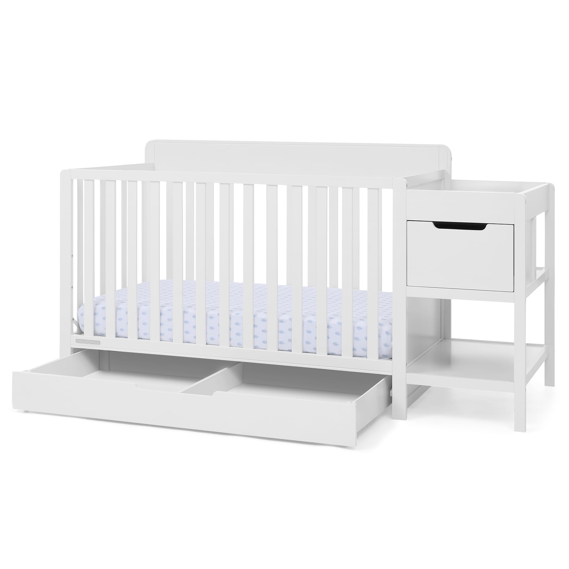 Photo 1 of Delta Children Maya 5-in-1 Convertible Crib and Changer with Storage, Converts to Toddler Bed, Daybed, Sofa & Full Bed, Fits Standard Crib Mattress, 3 Mattress Heights for Baby Nursery, Bianca White