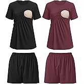 Ekouaer 2 Pack Women's Nursing Pajamas Set Double Layer Maternity Pjs Postpartum Loungewear Set Breastfeeding Tops & Shorts