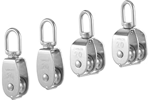 MEKUEEEX 4 Pack M20 Lifting Single Pulley Block 304 Stainless Steel Crane Swivel Hook Double Pulley Roller Loading