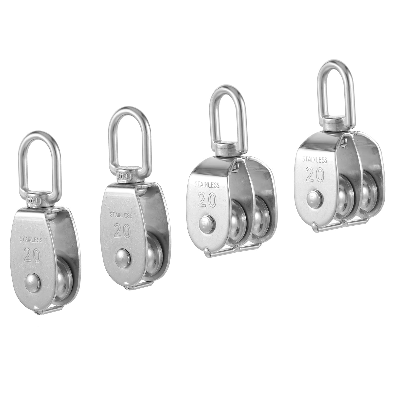 Photo 1 of 4 Pack M20 Lifting Single Pulley Block 304 Stainless Steel Crane Swivel Hook Double Pulley Roller Loading