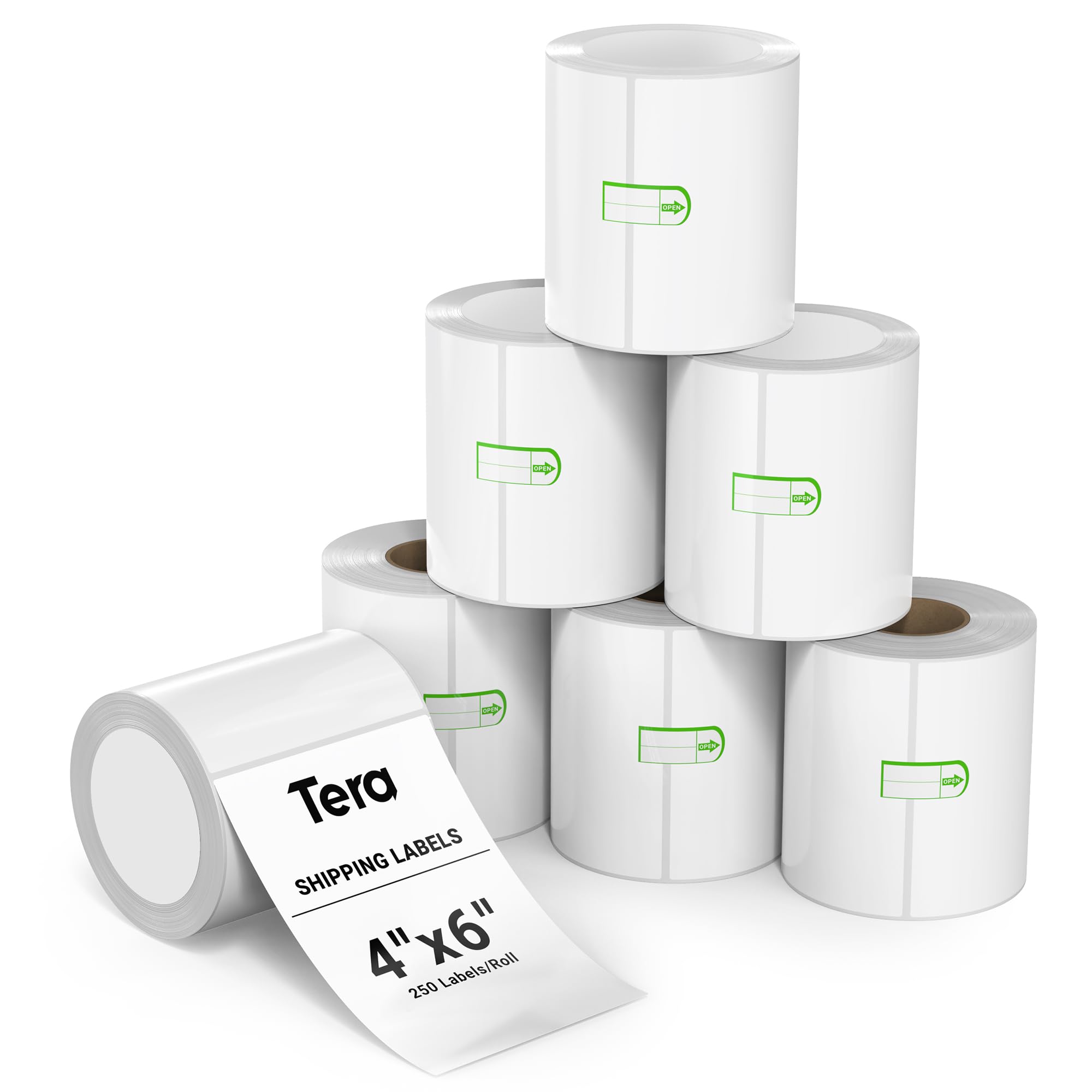 Tera BA0004 4"x6" Thermal Shipping Labels (250 Labels/Roll, 6 Rolls) BPA Free Smudge Free for Various Printers, Clear Printing Labels Permanent Adhesive Address Labels with Free Fragile Sign Stickers