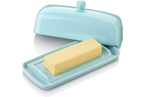 Nucookery Ceramic Butter Dish with Lid | Raised Legs and Non-Slip Strip Design | Porcelain Health | Dishwasher Safe, Lake Blue