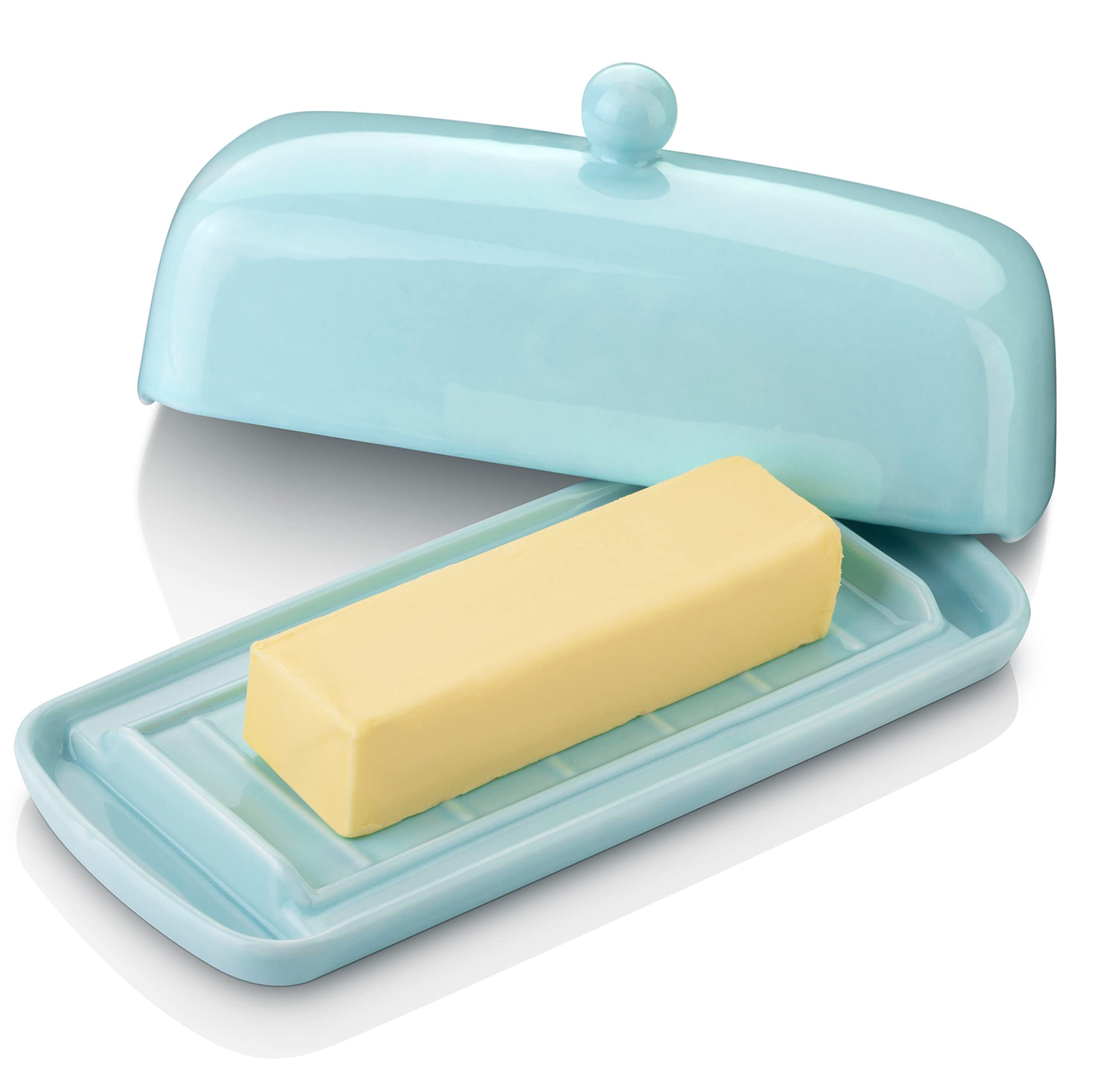 Photo 1 of ***(MAJOR DAMAGE/ SEE NOTES)***Nucookery Ceramic Butter Dish with Lid | Raised Legs and Non-Slip Strip Design | Porcelain Health | Dishwasher Safe, Lake Blue