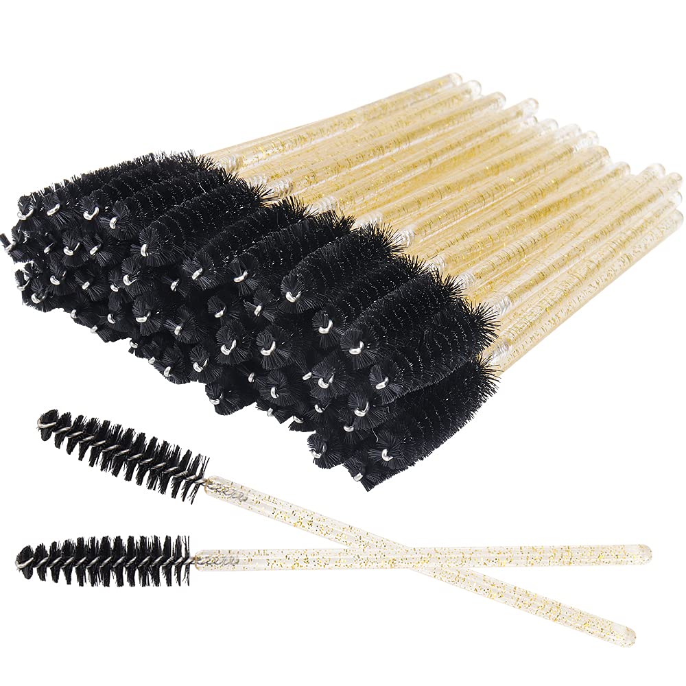 Photo 1 of 300 Pack Glitter Mascara Wands Disposable EyeLash Spoolie Brushes Makeup Applicator Eyelash Extension Tool Kit, Crystal Gold Handle Black Brush Head