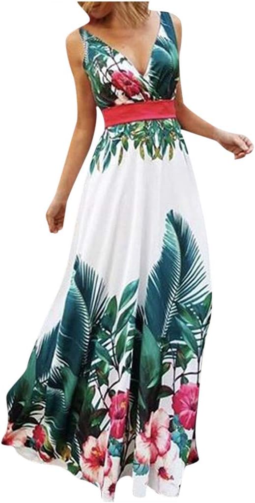 NEEDRA SALES Women's Sleeveless Printing Summer O Neck Maxi Floral Dress