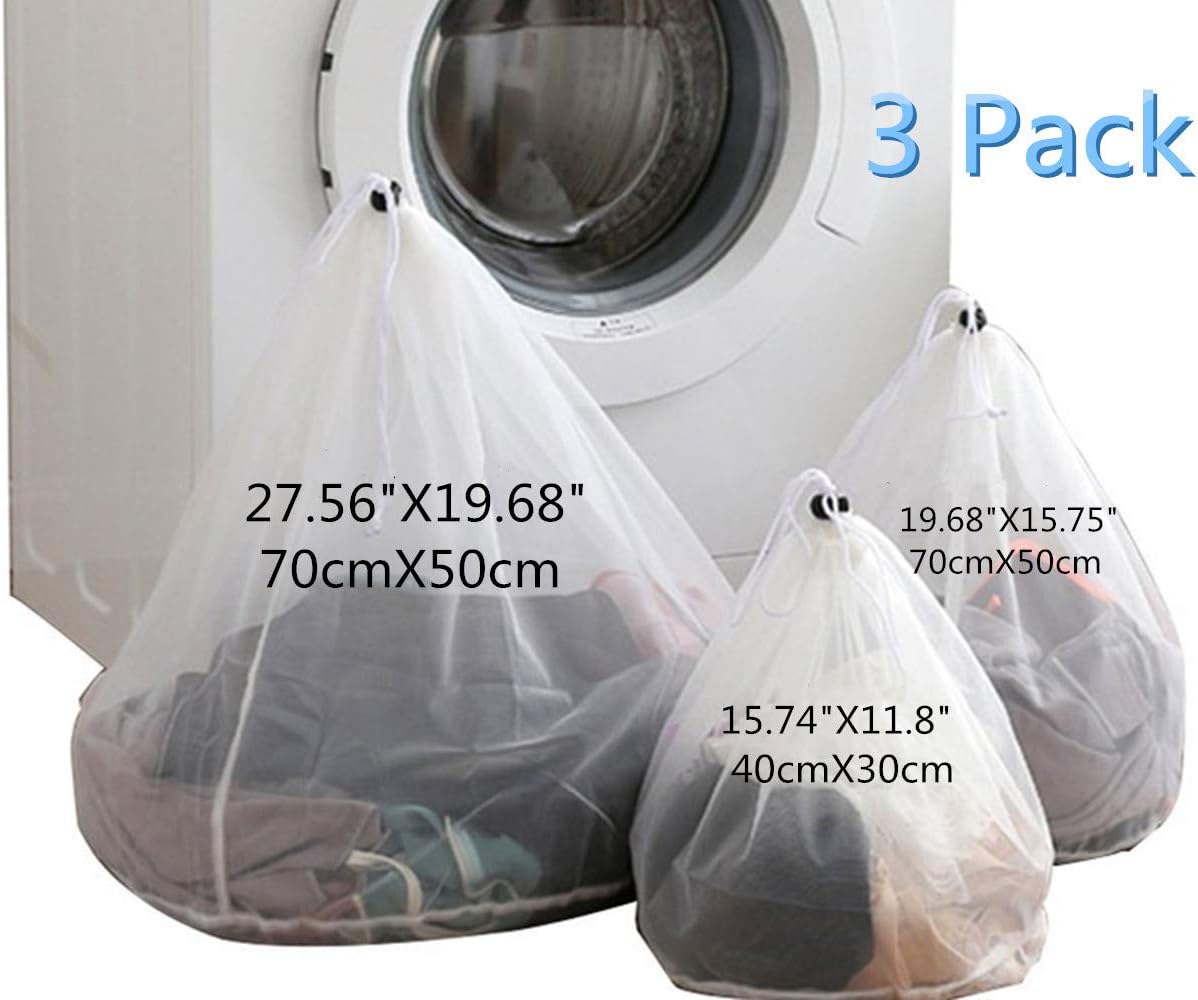 3 Pack White Drawsting Hanging Laundry Bags(1 XLarge, 1
