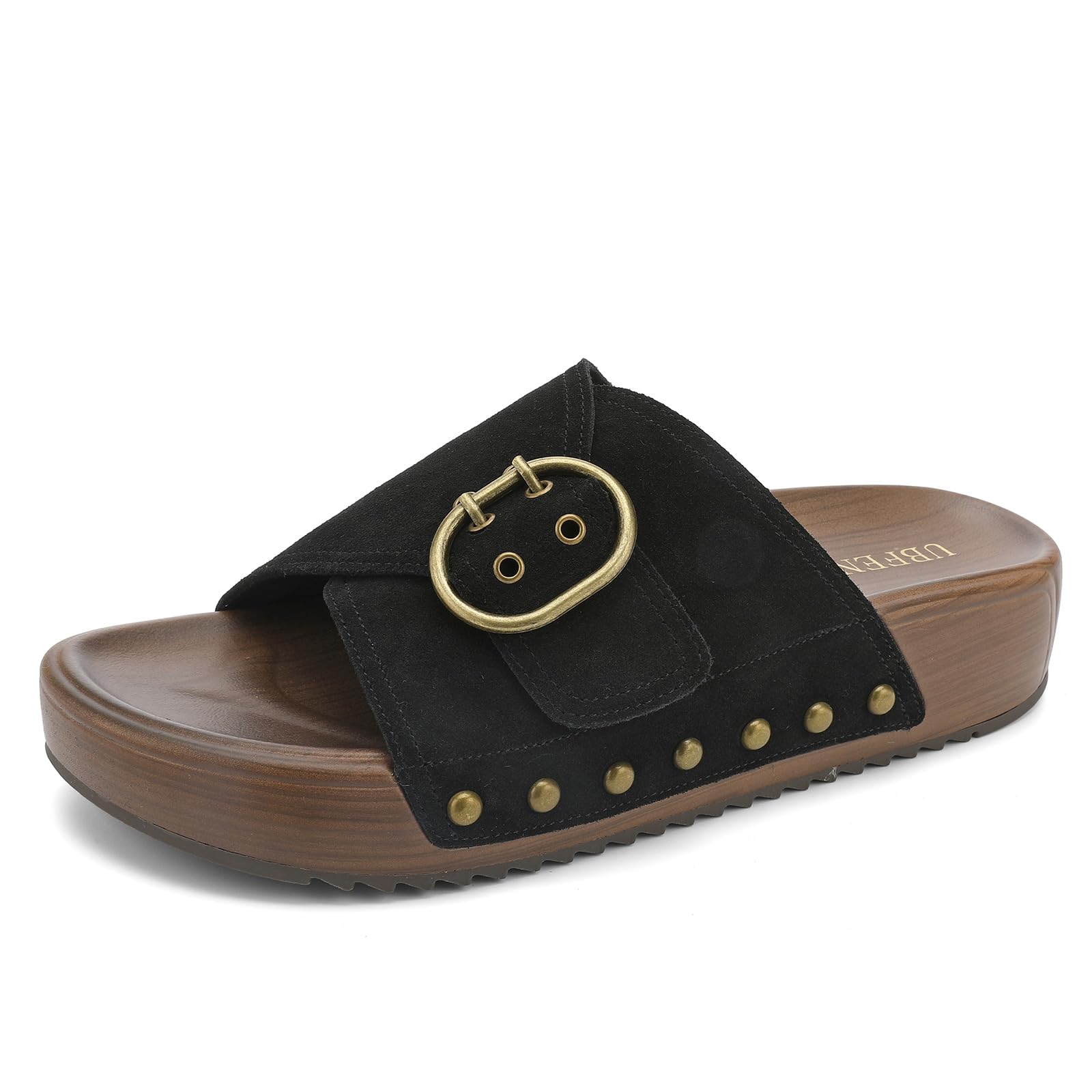 Photo 1 of UBFEN Womens Platform Sandals Slides Genuine Leather Adjustable Buckle and Cushion Footbed Comfortable Slip On Retro Shoes Black Size US 10