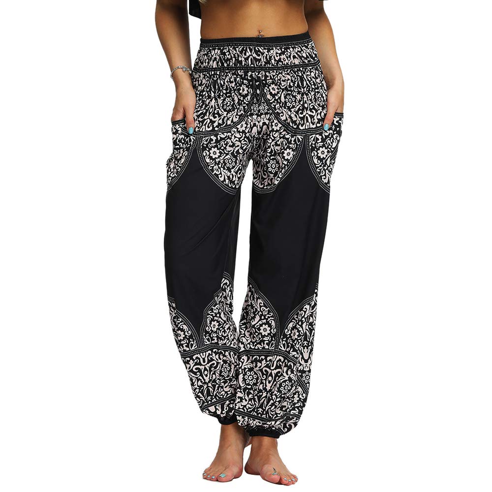 Nuofengkudu Women's Hippie Baggy Harem Trousers Smocked High Waist Soft Bohemian Print Colourful Yoga Pants with Pockets Lightweight Flowy Travel Holiday Beachwear (Black C,One Size)