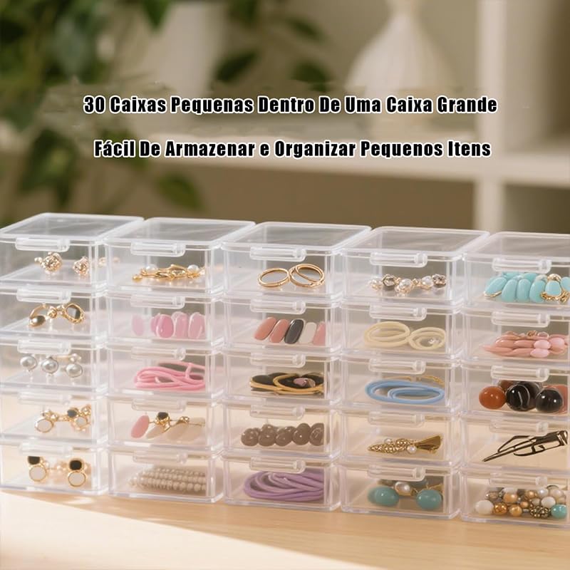 Caixa Organizadora Grande Transparente com 30 Caixinhas, Plástico, 22.5x16.5x5.6cm, para Miçangas e Bijuterias