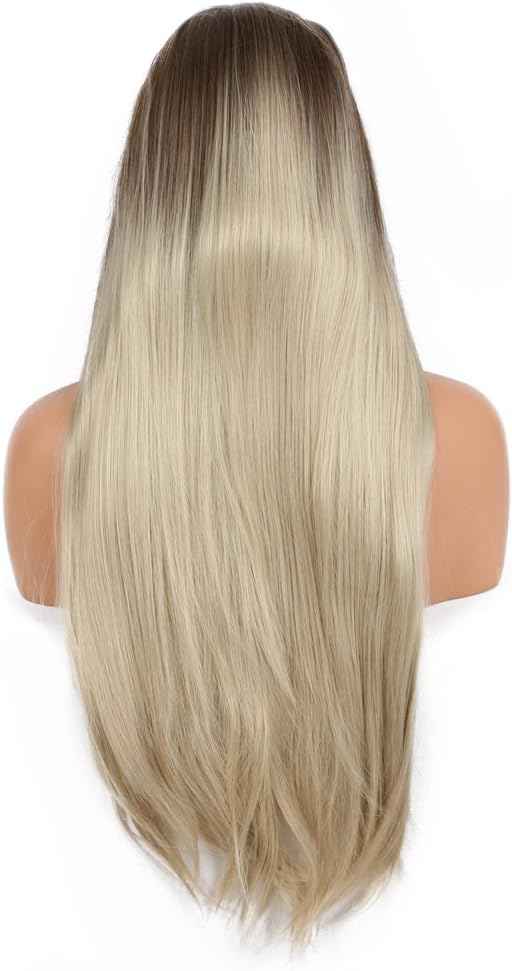 Long Straight Wigs for Women Ombre Brown Blonde Pre Plucked Natural Hairline Synthetic Lace Front Wig Heat Resistant Fiber Hair Replacement Wigs for Daily Party Halloween Use 24" - Image 5