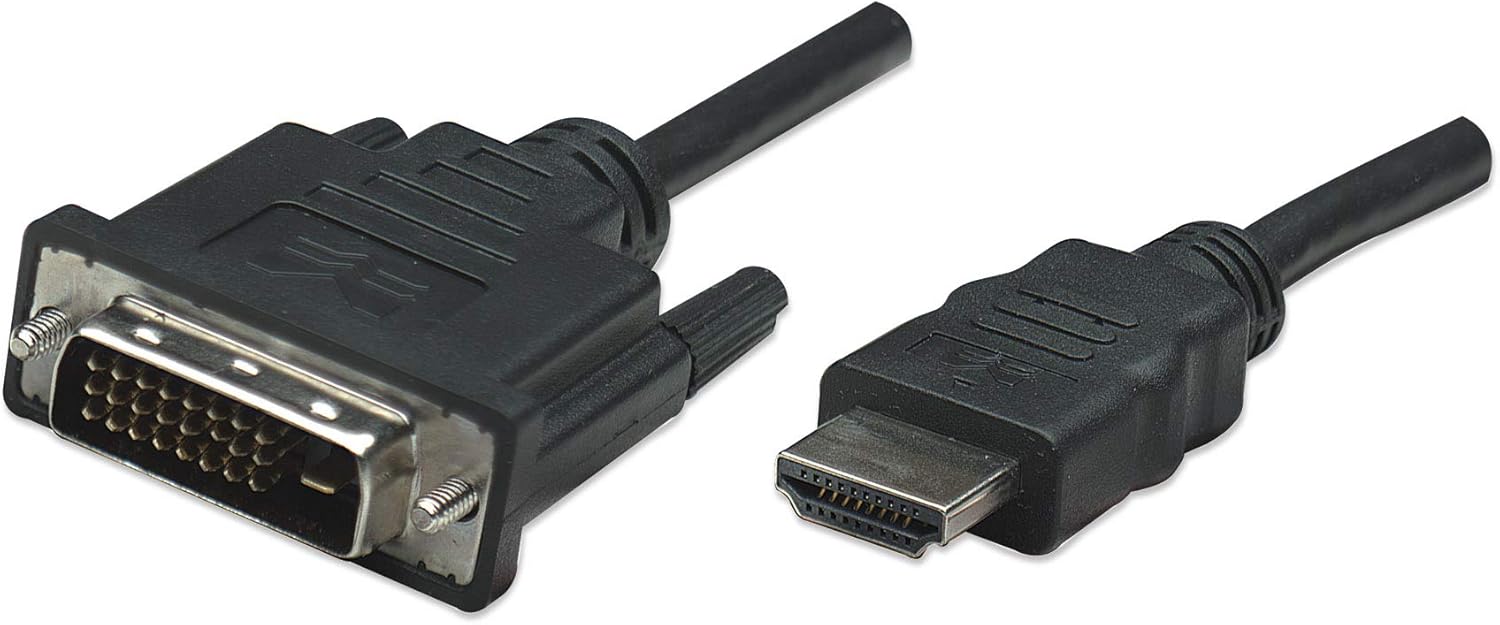 Manhattan HDMI to DVI-D 24+1 Cable, 1m, Male to Male, Black, Dual Link, Compatible with DVD-D, Lifetime Warranty, Polybag