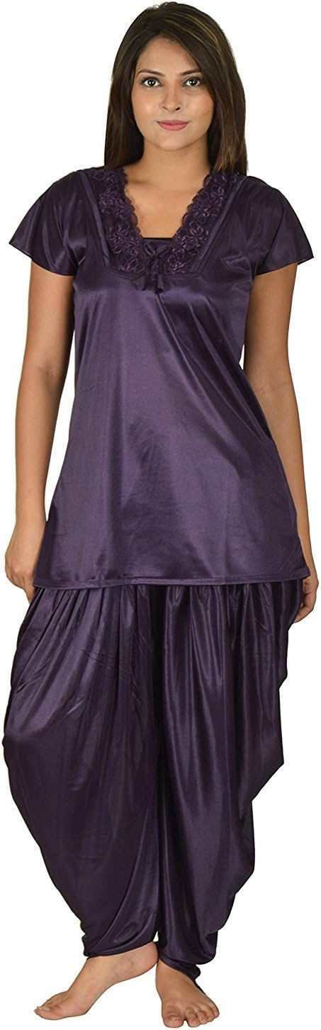 Archiecs Creations Women's Satin Purple Nightdress with Patiyala