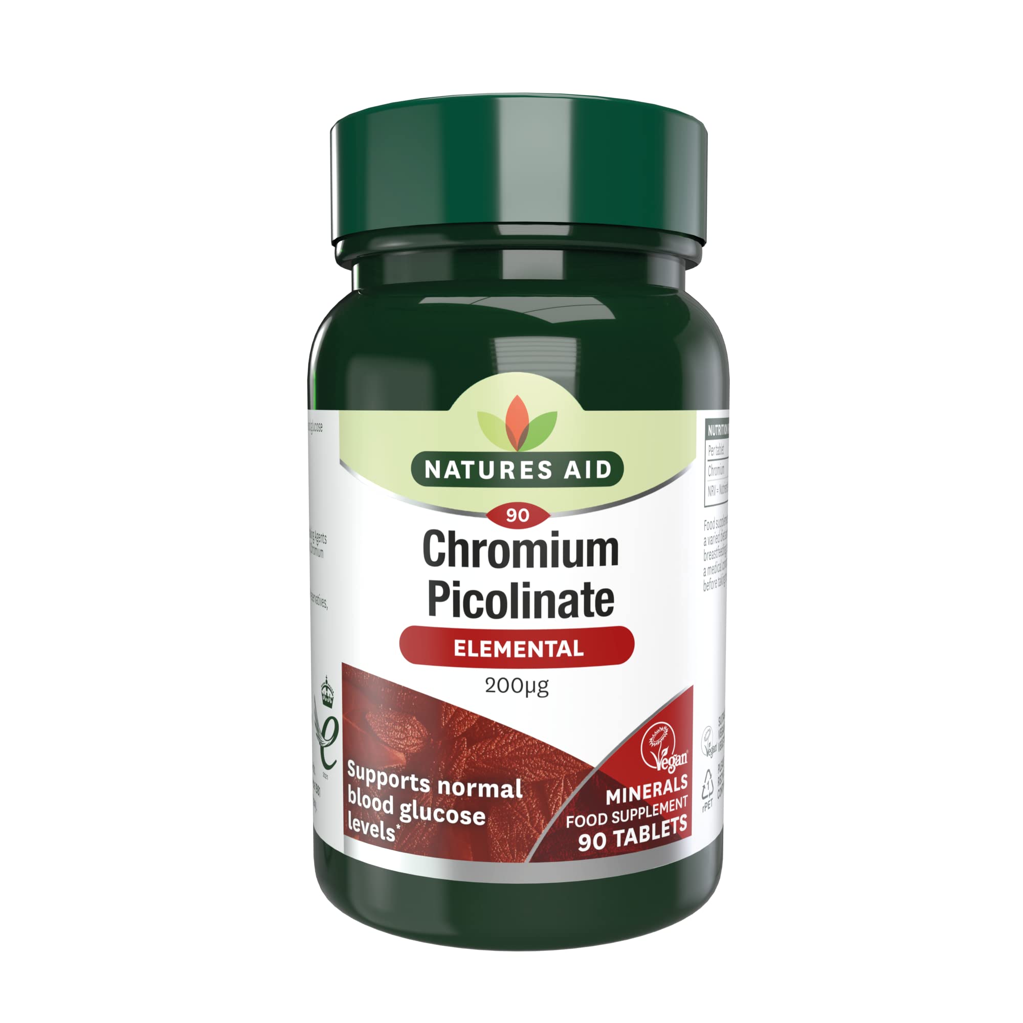 Natures Aid Chromium Picolinate 200µg - 90 Tablets - High Strength Supplement to Support Normal Blood Glucose Levels & Reduce Sugar Cravings - Vegetarian, Gluten Free - No Gummies or Capsules