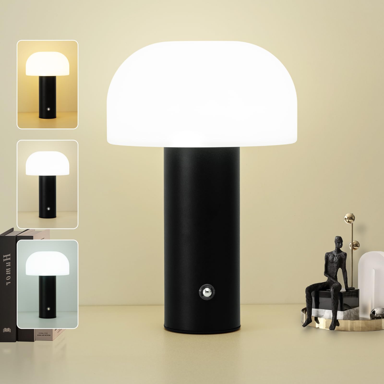 Photo 1 of ZOOPEEN Cordless Mushroom Table Lamp Rechargeable,4000mAH Portable Battery Operated Lamp,3 Color Stepless Dimming Modern Lamps for Bedside Lamps,Touch Dimming Night Light for Home/Restaurant Black