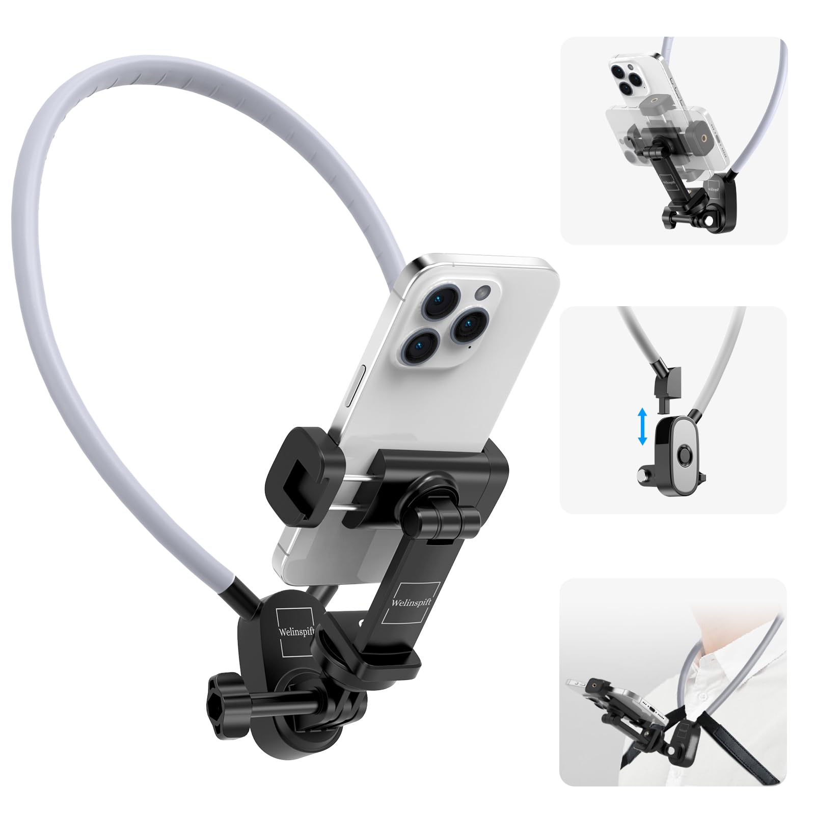 TerchPilet Neck Phone Holder - POV/Vlog Neck Mount for Phones - Hands Free! with Phone Clip, Anti-Shake Chest Strap for Recording Video Compatible with iPhone Android Phones