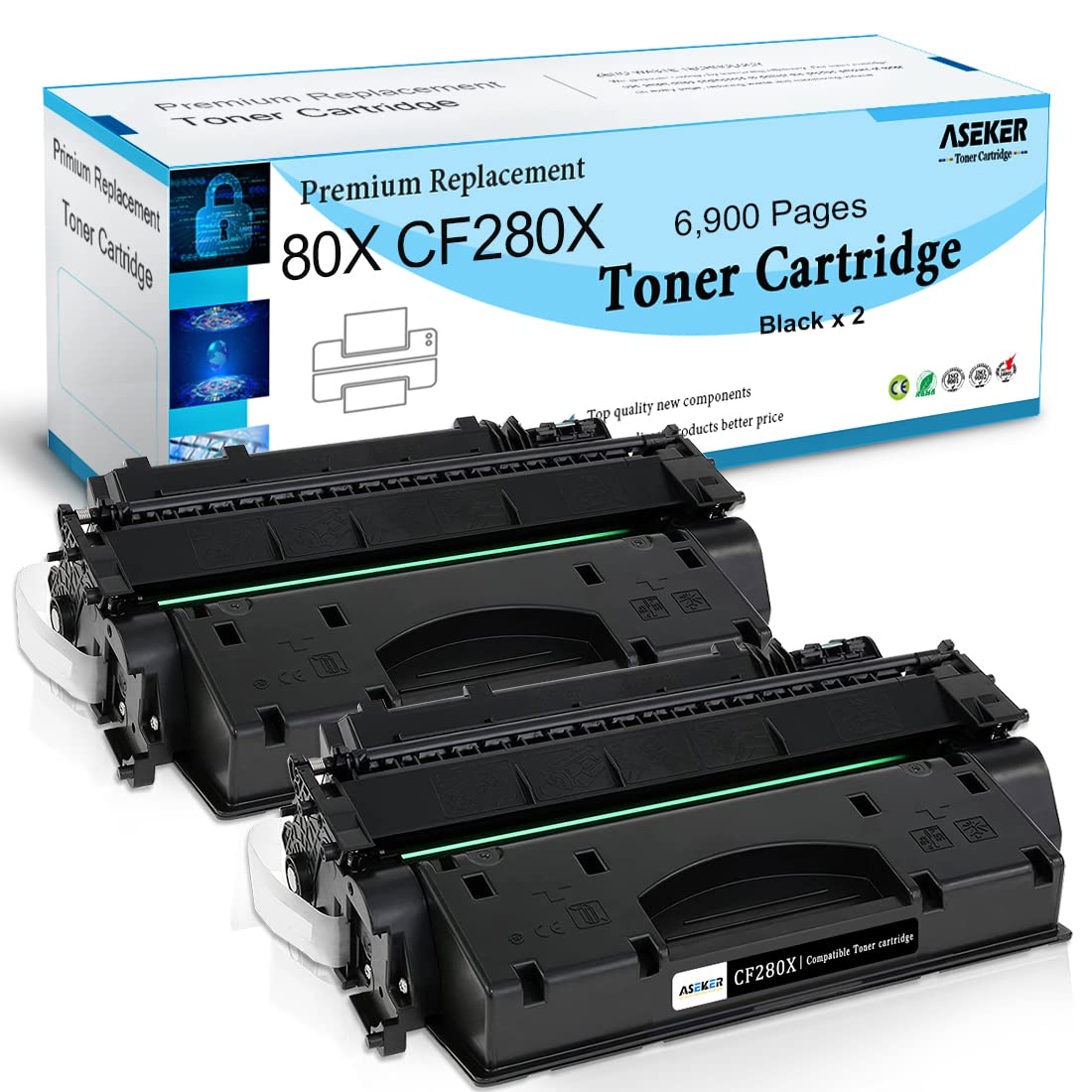 ASEKER Compatible 80X CF280X 80A CF280A Toner Cartridge 6900 Pages for HP LaserJet Pro 400 M401a M401d M401dn M401dne M401dw MFP M425dn M425dw Printers ( 2 Black )