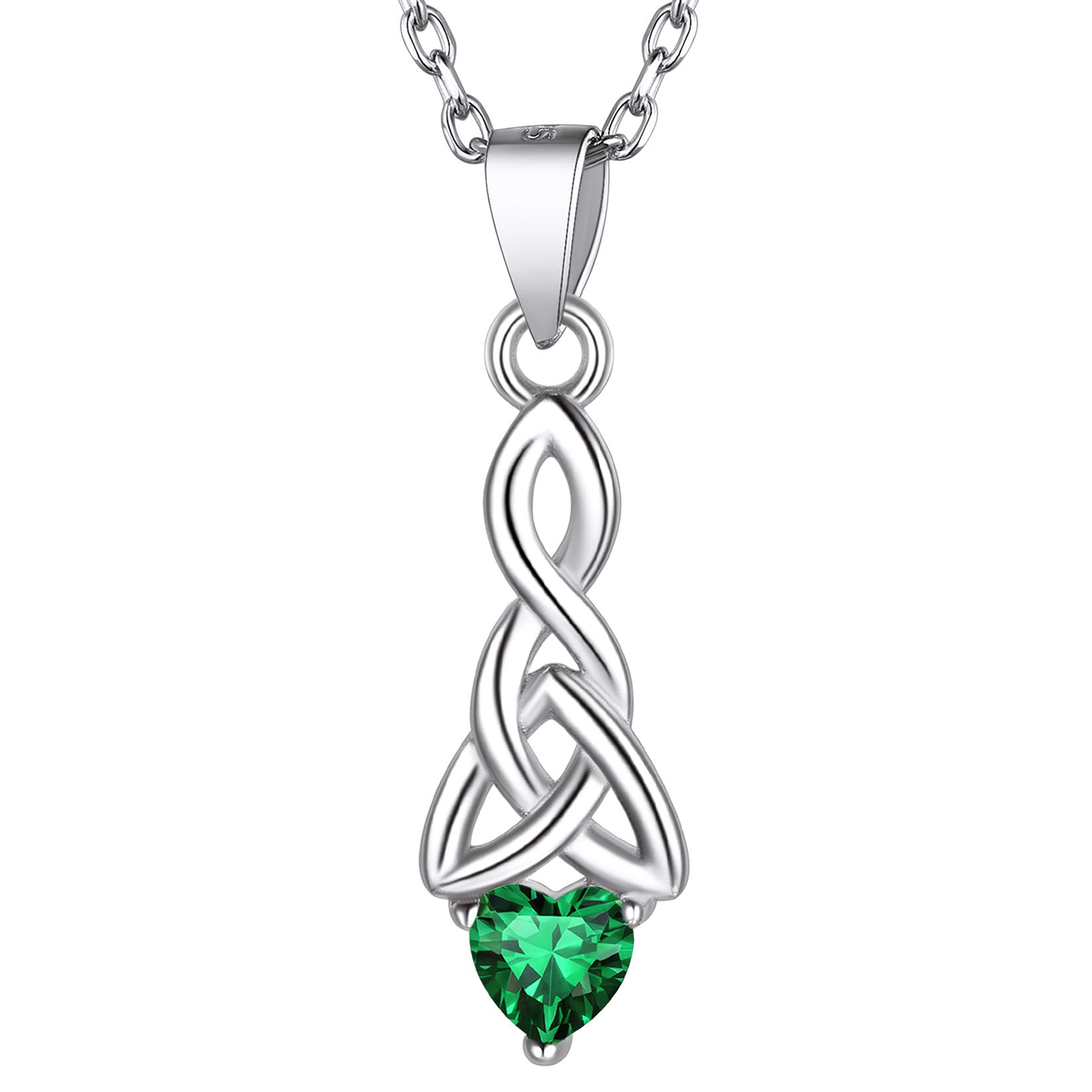 Suplight Irish Good Luck Necklace, Celtic Knot Necklace, May Emerald Birthstone Necklace Jewelry, 925 Sterling Silver Celtic Birthstone Heart Pendant Necklace for Women Girls