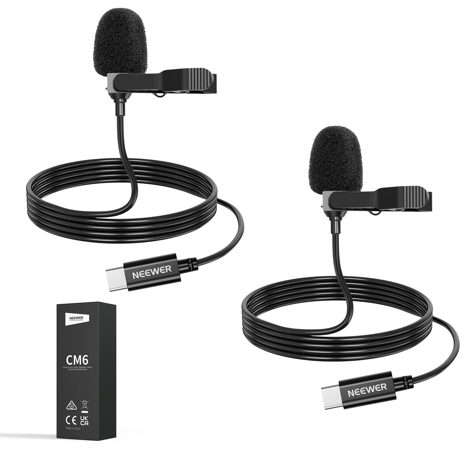 NEEWER Mini USB C Lavalier Microphone 2 Pack Compatible with iPhone 16 15 Pro Max Android Phone Tablet PC, Clip On Omnidirectional Condenser Lapel Mic with 2m/6.6ft Cable
