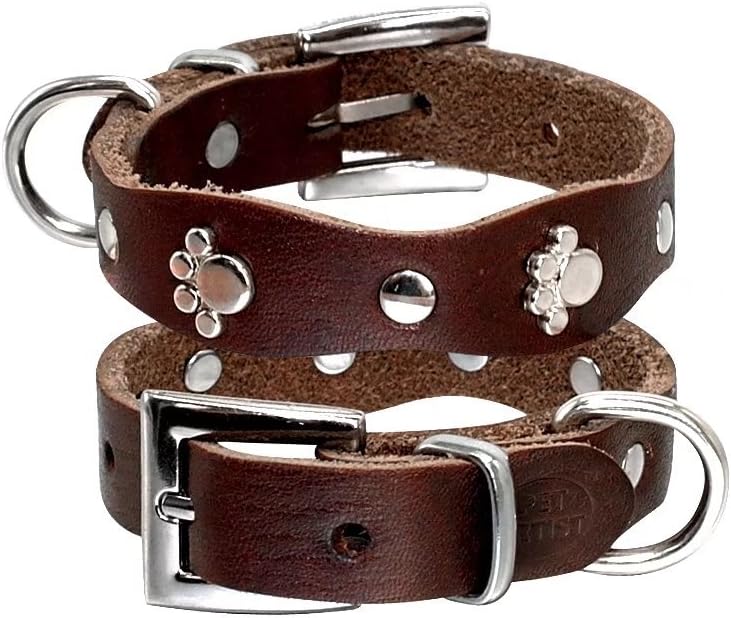 PET ARTIST Small Dog Collar Leather with Paw Studded Soft for Pet Puppy Chihuahua XXS XS S M Brown