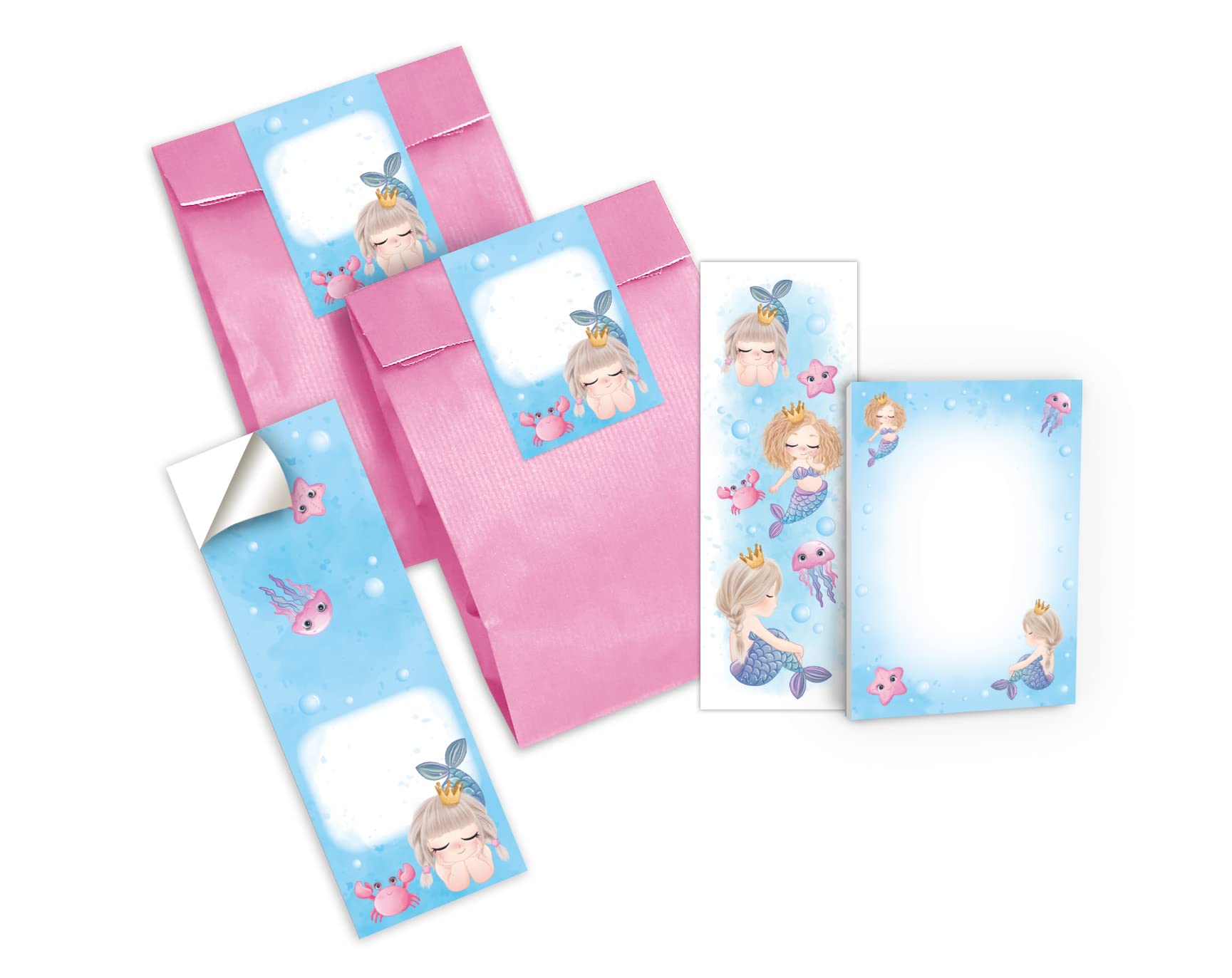 Junapack 6 Bookmarks + 6 Mini Notepads + 6 Gift Bags (Pink) + 6 Stickers Mermaid Party Bag Gift for Children's Birthday Girls