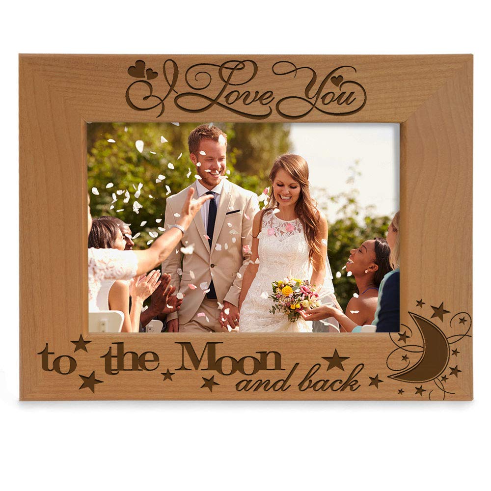 KATE POSH I Love You to The Moon and Back Engraved Natural Wood Picture Frame, Couples in Love Gifts, Valentine's Day, Engagement, Wedding (5x7-Horizontal)