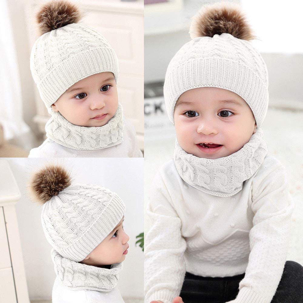 JoCome 2Pcs Toddler Baby Girls Boys Winter Knitted Bobble Hat Faux Fur Pompom Beanie Ski Cap+Scarf Keep Warm Set (White)