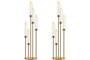 SIMPREFINE Gold Candelabra with Glass Cylinders for Real Candles 5 Arms Metal Candle Holder Wedding Event Party Home Decoration Centerpiece (2, M)